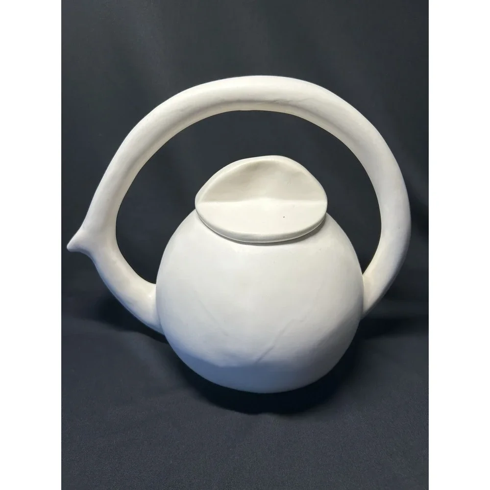 Modern Handcrafted Teapot With Arch Handle Sleek Matte White Finish Signed CG1